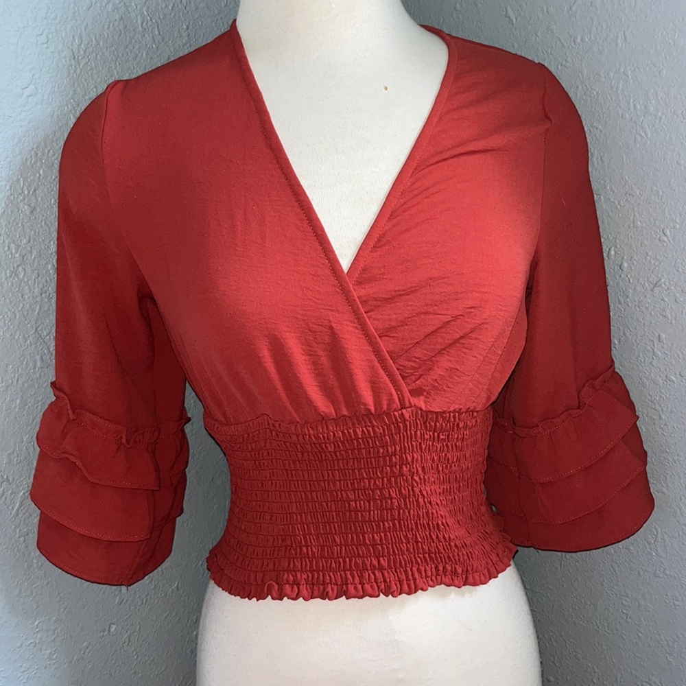 Altar’d State Brick Red 3/4 Flare Ruffle Statement Sleeve Ruched Crop Top Small